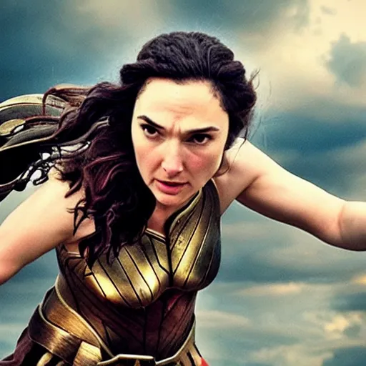 Image similar to the greek goddess athena in battle, scene from live action movie, starring gal gadot