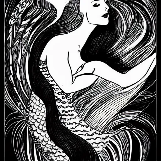 Image similar to black and white illustration, creative design, beautiful feminine mermaid in water with fishes