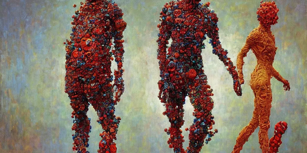 Image similar to a full body sculpture made of bacteria and virus and molecules and atoms, painting part by wojciech siudmak, part by ilya repin, part by max ernst, part by norman rockwell, artstation