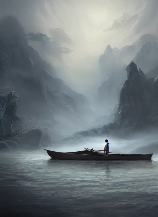 Image similar to man in a boat in a body of water, a detailed matte painting by richard mortensen, cgsociety, fantasy art, matte painting, concept art, made of mist