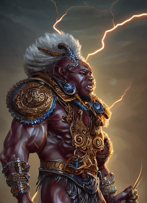 Prompt: a highly detailed illustration of berserker african god of lightning, muscular, intricate, elegant, highly detailed, centered, digital painting, artstation, concept art, smooth, sharp focus, league of legends concept art, WLOP