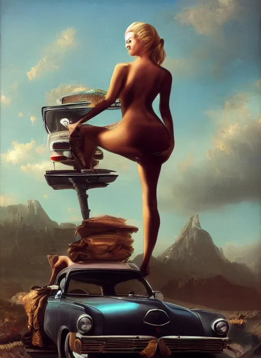 Image similar to a Raypunk painting of stunning blonde woman standing on top of a run down car, life like, intricate detail, 4K HD