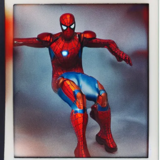 Image similar to a single iron man and spider - man hybrid, dslr, polaroid