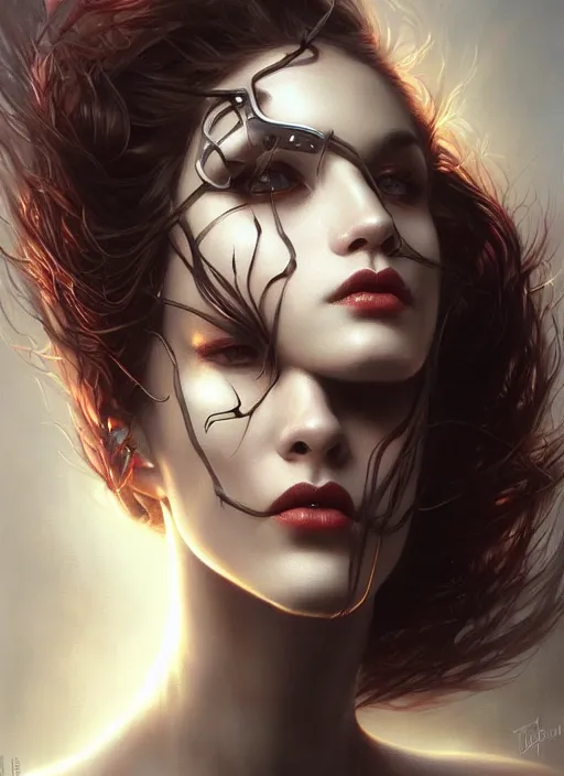 Prompt: a hauntingly beautiful woman with a chrome spine, painted by artgerm and tom bagshaw, fantasy art, dramatic lighting, highly detailed oil painting