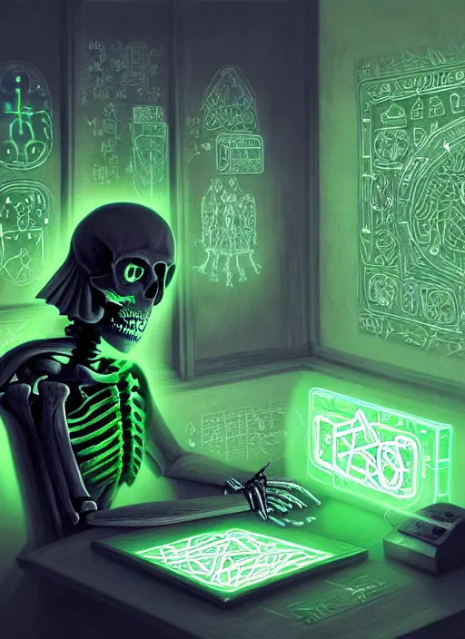 Image similar to portrait of ancient skeleton writing runes into personal computer with glowing green keys, runes, runic words, ancient evil letters, glowing green, intricate, elegant, glowing lights, highly detailed, digital painting, artstation, concept art, smooth, sharp focus, illustration, art by wlop, mars ravelo and greg rutkowski
