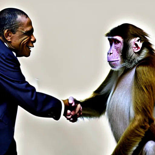 Image similar to a monkey in a jacket shakes hands with the president, a political channel, news.