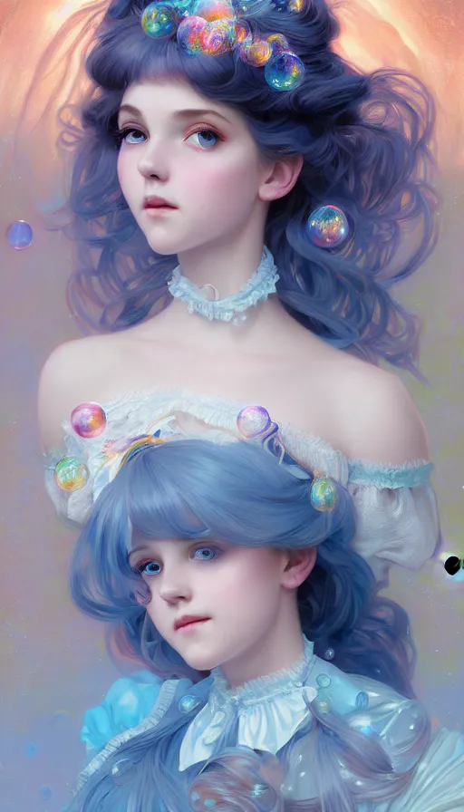 Image similar to portrait of magical lolita girl, dreamy and ethereal, blue eyes, peaceful expression, ornate frilly dress, fantasy, intricate, elegant, rainbow bubbles, highly detailed, digital painting, artstation, concept art, smooth, sharp focus, illustration, art by artgerm and greg rutkowski and alphonse mucha