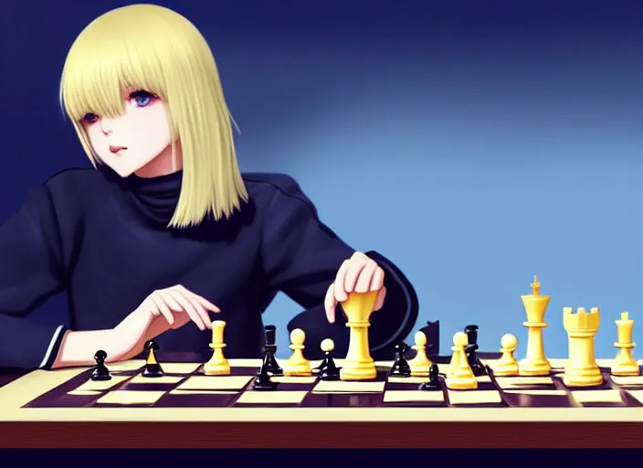 Prompt: a pale ilya kuvshinov playing chess, with gold eyes, straight hair, sky blue hair, long bangs, high collar, concept art, award winning photography, digital painting, cinematic, by wlop, anime key visual, wlop, 8 k, by ross tran, tom bagshaw, andy warhol