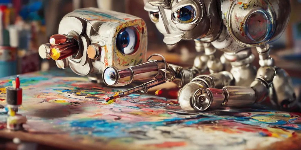 Image similar to closeup portrait of tin toy retro robot painter mixing gouache on white paper table in an artist workshop, depth of field, zeiss lens, detailed, centered, fashion photoshoot, by nicoletta ceccoli, mark ryden, lostfish, breathtaking, 8 k resolution, extremely detailed, beautiful, establishing shot, artistic, hyperrealistic, octane render