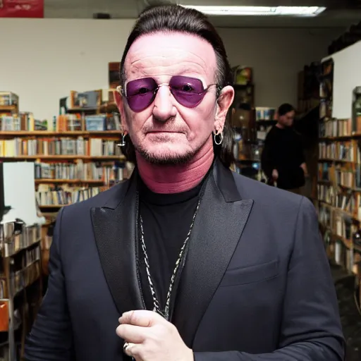 Prompt: bono is at a book pulling plant