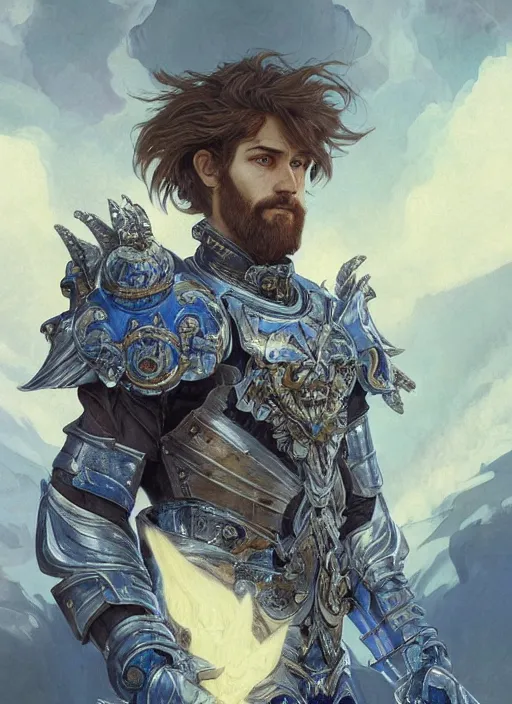 Prompt: A Human Male Paladin, detailed face, glowing white eyes, blue flames surrounding, shaggy hair, scruffy beard, medium armor, wings, fantasy, intricate, elegant, highly detailed, digital painting, artstation, concept art, smooth, sharp focus, illustration, art by Krenz Cushart and Artem Demura and alphonse mucha