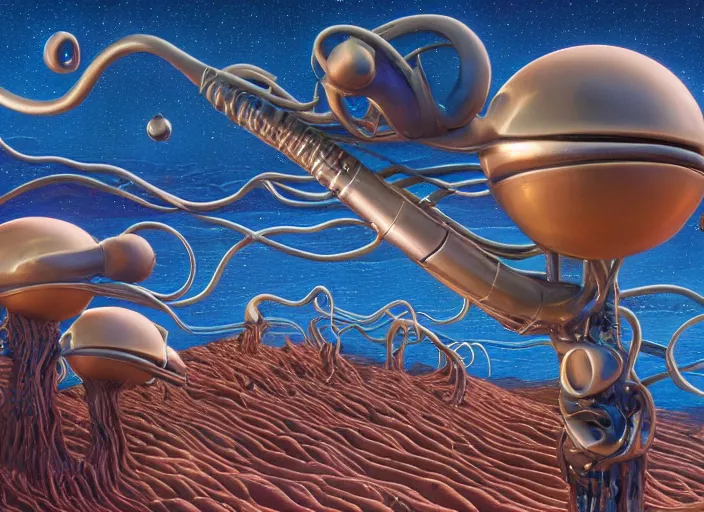 Prompt: close up photography of strange surrealist detailed glowing alien electronic-musical-instruments!! in a bryce 3d surrealist landscape biome, designed by pixar!!, Michael Whelan art directs Dune (1984), hyper detailed, photorealistic, 8k, hd