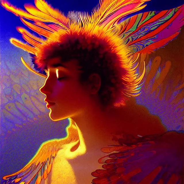 Prompt: face of young psychedelic transcendent feather mind bending psychedelic wings of glossy liquid honey flowing like kaleidoscopic translucent holograph, lsd feathers, feathery fluff, enlightenment, high contrast dappled lighting, refracted sunset, highly detailed, concept art, art by collier, albert aublet, krenz cushart, artem demura, alphonse mucha