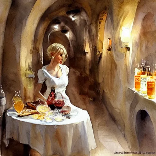 Image similar to beautiful blonde in hot dress in a wine cellar, food, pork, beer, schnapps, rustic, traditional, torches on the wall, watercolor by vladimir volegov and anders zorn, highly detailed, masterpiece