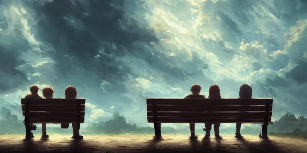 Prompt: a family with sorrow faces sitting on a bench, dramatic sky, close up shot, anime art, Greg Rutkowski, dramatic lighting