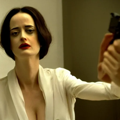 Image similar to eva green as catherine tramell in the famous interrogation scene from the film basic instinct.