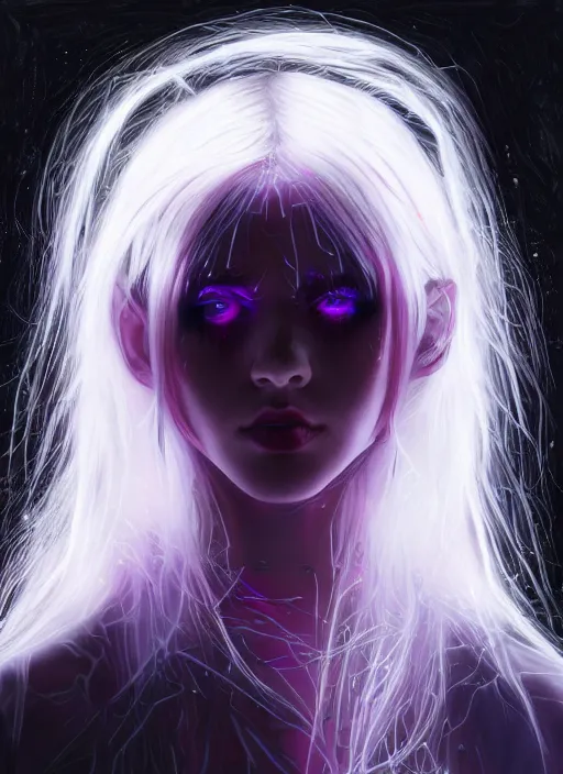 Image similar to hair whitebangs hair, black cyberlox, portrait of teenage girl with white bangs, whitebangsblackhair, messy bangs, cyberlox, whitebangs, red irises, purple clothes, intricate, elegant, glowing lights, highly detailed, digital painting, artstation, concept art, sharp focus, illustration, art by wlop, mars ravelo and greg rutkowski