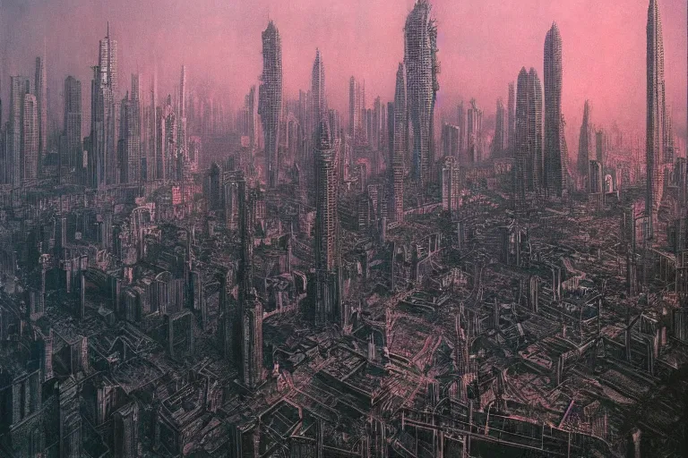 Prompt: Bangkok cityscape by HR Giger and Zdzislaw Beksinski, gothic, galactic, oil on canvas, artstation, dramatic scenery, masterpiece, aesthetic