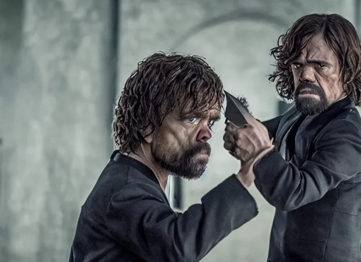 Prompt: peter dinklage knife fighting willem dafoe, movie still, from the new john wick movie, 8 k, realistic