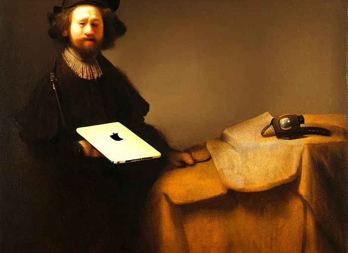 Prompt: man and macbook pro. painting by rembrandt