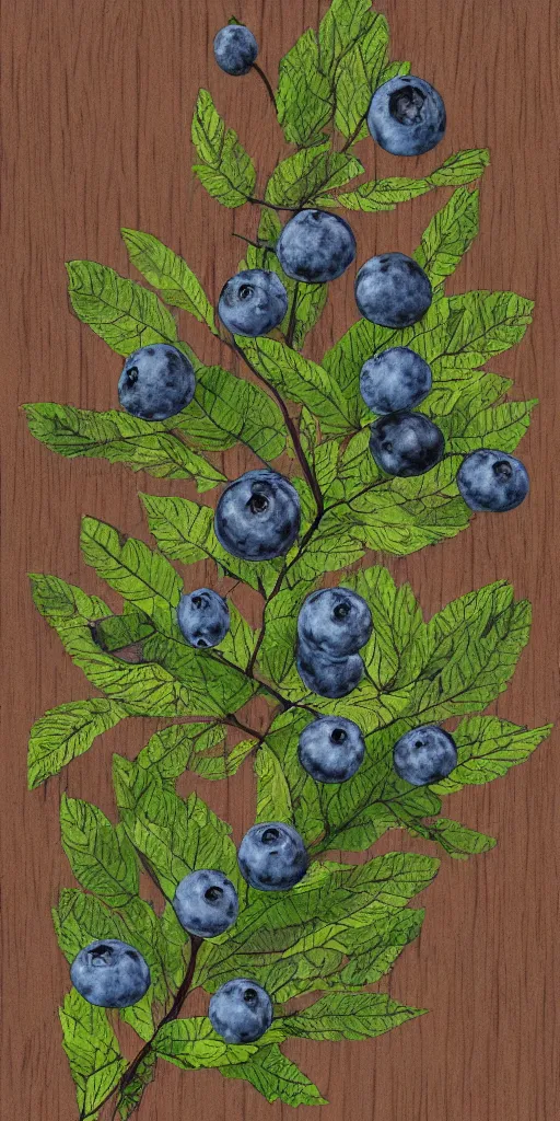 Prompt: horizontal medium close-up knee height botanical drawing of bushes with blueberries in a forest. Traditional art. Rustic. Nordic. 4K. Trending on artstation. Bushy. Nature. Artistic.