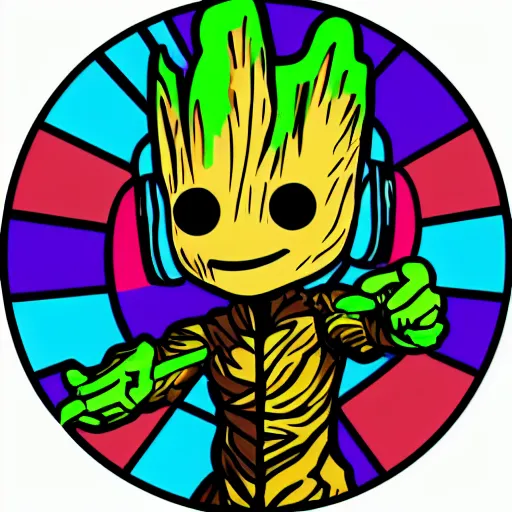 Image similar to svg sticker of a Pop-Wonder Groot-Marvel-Avenger at a rave, spinning records, giant headphones rocking out, wearing headphones, huge speakers, dancing, rave, DJ, spinning records, digital art, amazing composition, rule-of-thirds, award-winning, trending on artstation, featured on deviantart