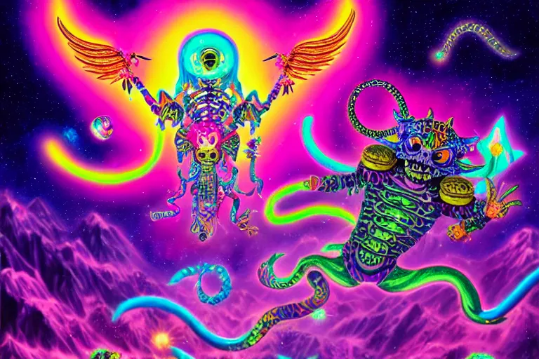 Image similar to lisa frank illustration of rebulon the ancient demon, painted by lisa frank, masterpiece concept art, 8 k, intricate detail, cinematic lighting, epic pose, bright colors