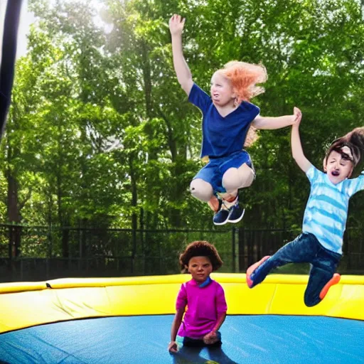 Image similar to children jumping on a trampoline, hyper realistic, amazing, natural lighting