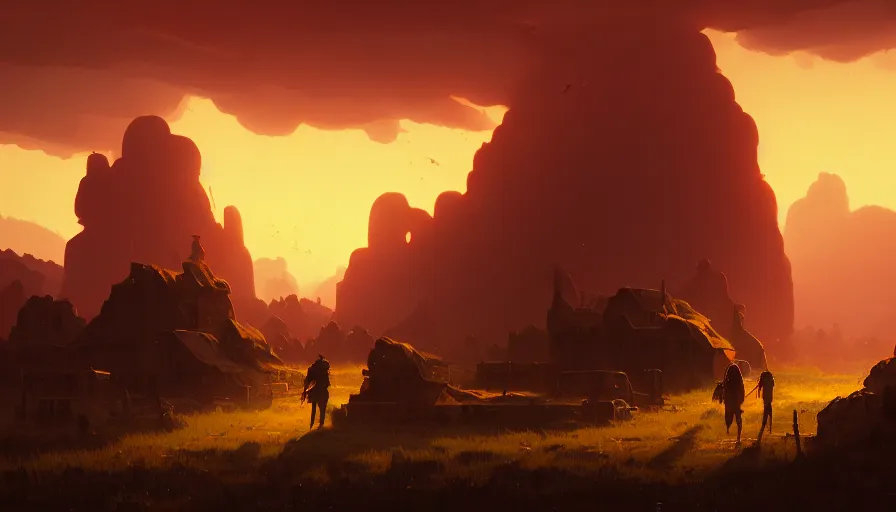 Image similar to highly detailed matte painting of a hostile thunderoud rural landscape by atey ghailan, by greg rutkowski, by greg tocchini, by james gilliard, by joe fenton, red, brown, black and yellow color scheme, octane render