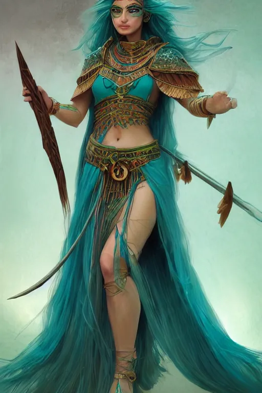 Prompt: beautiful sorceress female with teal skin, full body shot, long hair made of algae, egyptian clothing, with a wooden stuff and a crossbow, d & d, fantasy, intricate, elegant, highly detailed, digital painting, artstation, concept art, matte, sharp focus, illustration, hearthstone, art by artgerm and greg rutkowski and alphonse mucha