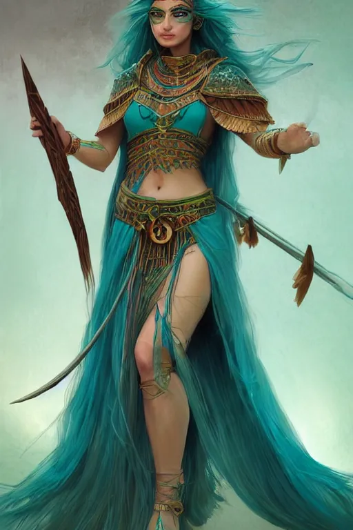 Image similar to beautiful sorceress female with teal skin, full body shot, long hair made of algae, egyptian clothing, with a wooden stuff and a crossbow, d & d, fantasy, intricate, elegant, highly detailed, digital painting, artstation, concept art, matte, sharp focus, illustration, hearthstone, art by artgerm and greg rutkowski and alphonse mucha