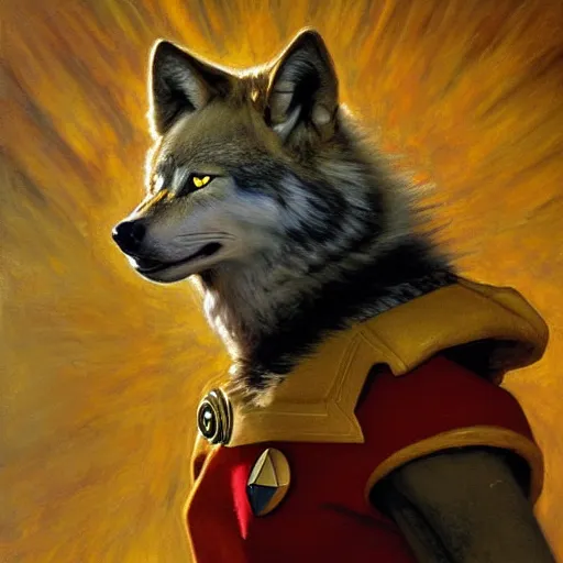 Image similar to a portrait of a wolf hyenaman canine star trek in a starfleet uniform chief engineer. highly detailed painting by gaston bussiere craig mullins jc leyendecker gustav klimt artgerm greg rutkowski furry