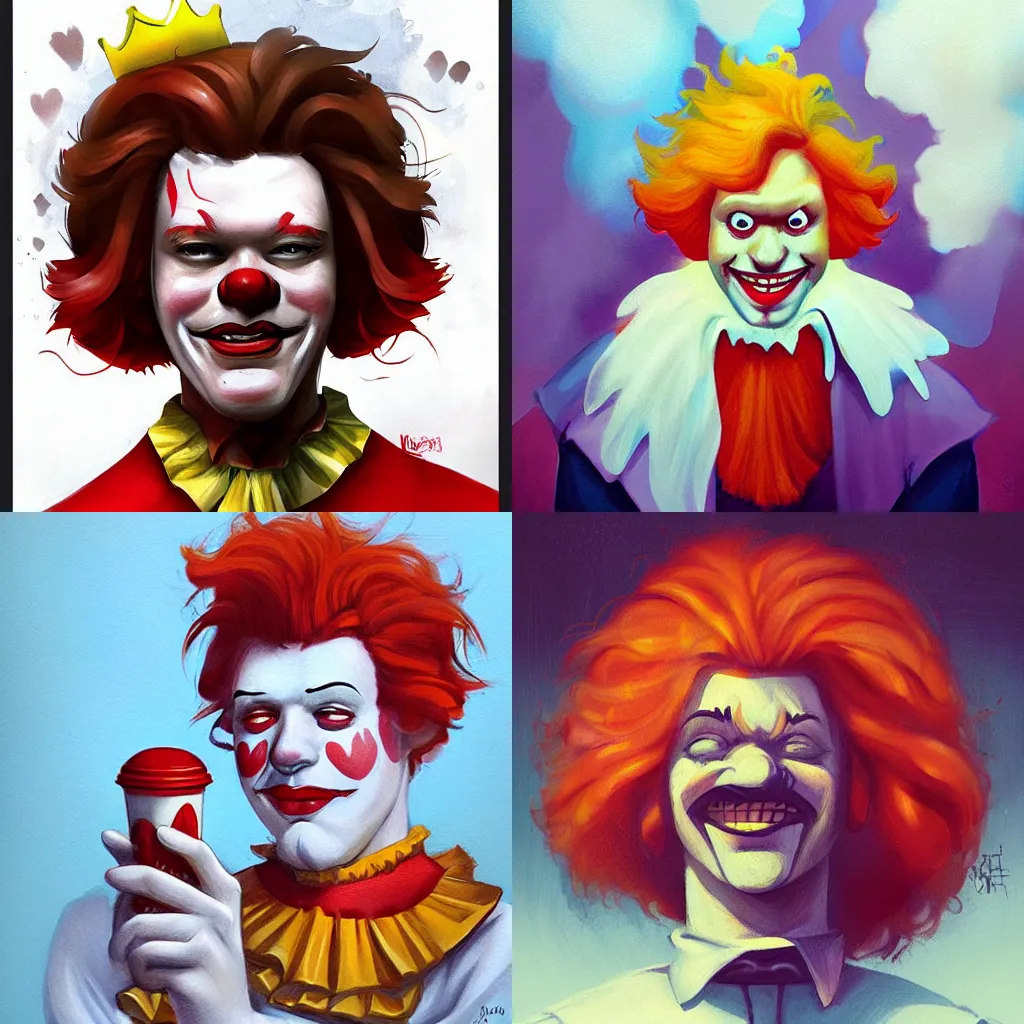 Prompt: Portrait, Ronald McDonald!! King of the world!!!, Feeling miserable, by Loish