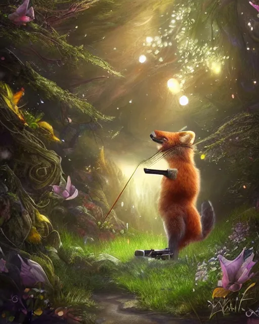 Image similar to Fox playing violin in magical forest, portrait, wearing hat, magical notes, fairy atmosphere, magic the gathering artwork, D&D, fantasy, cinematic lighting, centered, symmetrical, highly detailed, digital painting, artstation, concept art, smooth, sharp focus, illustration, volumetric lighting, epic Composition, 8k, art by Akihiko Yoshida and Greg Rutkowski and Craig Mullins, oil painting, cgsociety