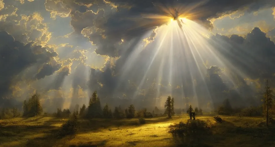 Image similar to heaven!! with angels floating on clouds!! god rays, by eugene von guerard, ivan shishkin, dramatic lighting, concept art, trending on artstation, 8 k