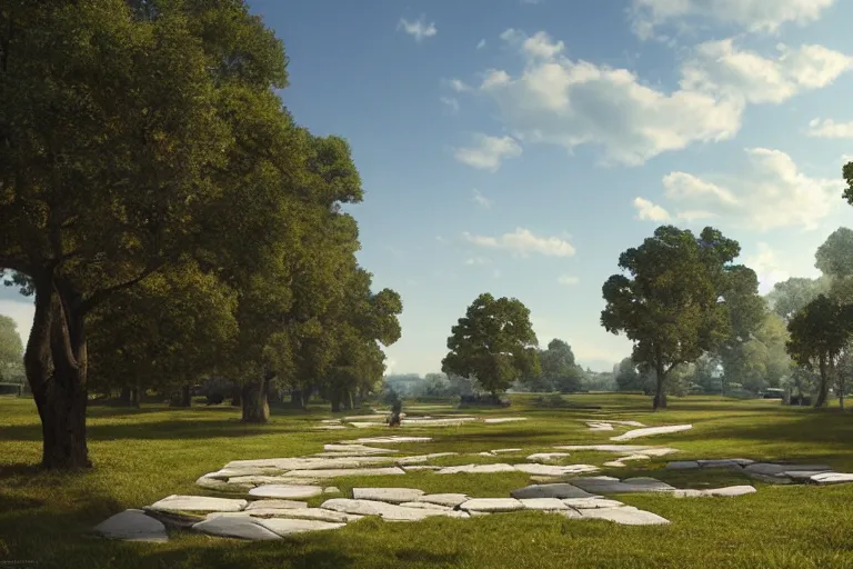 Image similar to White rectangular monoliths with holes, in an open field with white stone pathwalks surrounded by a moat, clear blue skies in the background, by Thomas Kincade, Richard Sigamani, 8k photorealistic, cinematic lighting, HD, high details, concept art, trending on artstation