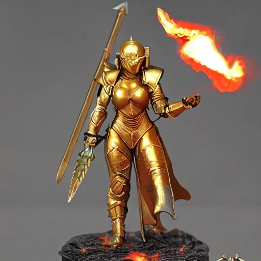 Image similar to 80mm resin detailed miniature of a heavily armored woman, fantasy, Product Introduction, golden armor, wielding a flaming warhammer, 4K