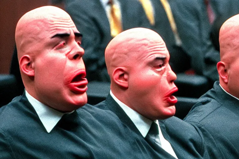 Image similar to crying coneheads testifying in court, detailed facial expressions