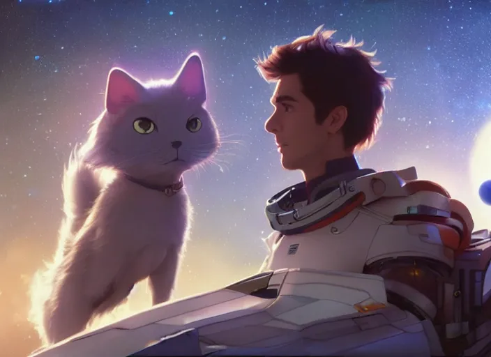 Image similar to a space handsome gay guy and his pet space cat staring role in a musical sci - fi space opera ghibli animated film, volumetric lighting, octane render by stanley artgerm lau, greg rutkowski, thomas kindkade, alphonse mucha, loish, norman rockwel, 8 k greg rutkowski