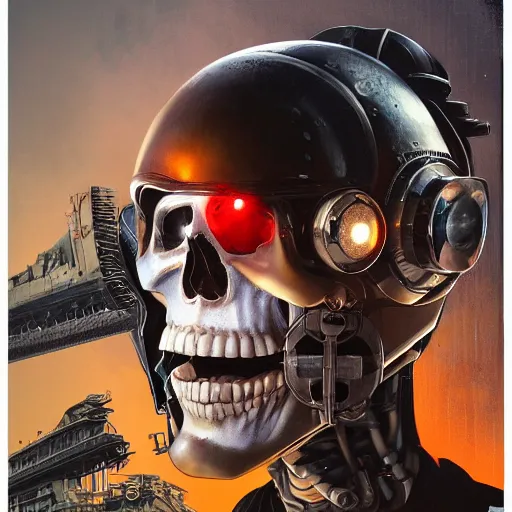 Image similar to a portrait of an cyborg vintage skull no teeth in an orange racing helmet by sandra chevrier, detailed render, epic composition, cybernetics, 4 k realistic, cryengine, realistic shaded lighting, sharp focus, masterpiece, by matteo scalera, gary montalbano, peter elson in the style of the tokyo ghost comic