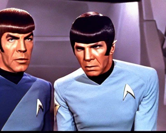 Image similar to film still from star trek, james kirk and spock, 1 9 6 8