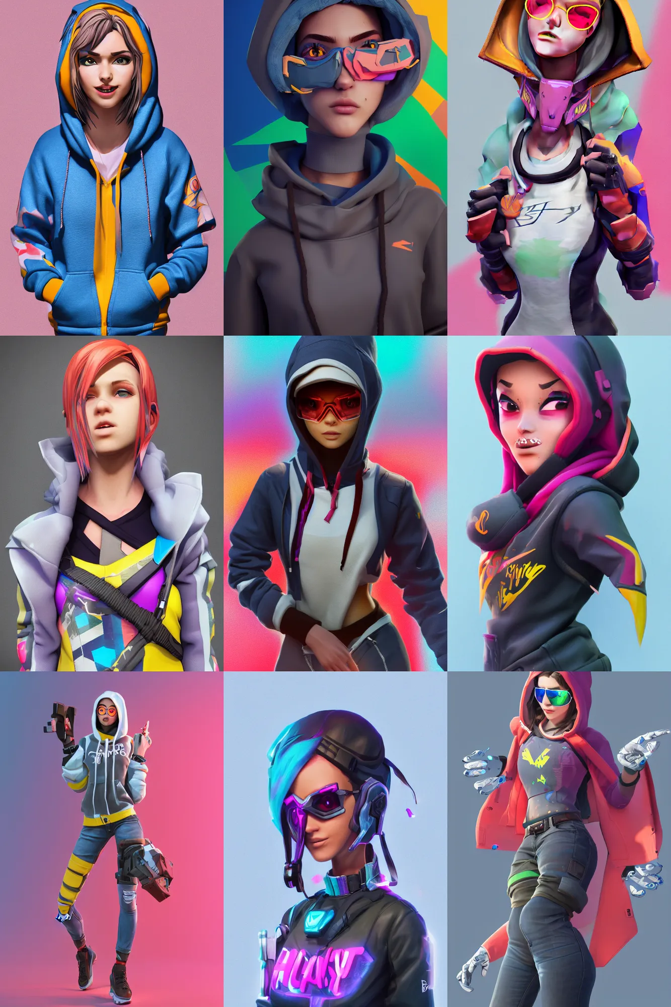 Prompt: a full body sharp focus realistic digital octane 3d render portrait of a single young woman dressed in 90s street clothing and a bright hoodie with face and body clearly visible, fornite, overwatch, valorant, high quality, happy mood, artstation trending, vibrant colours, no crop, no helmet, entire character, blank background, face visible, SFW,