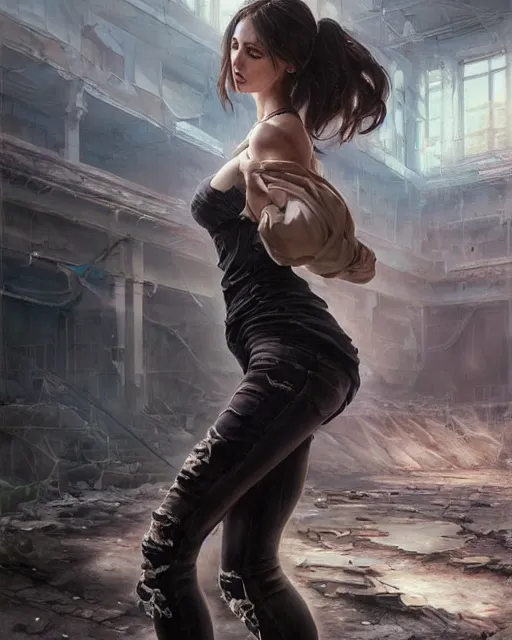 Prompt: daniel gerhartz and artgerm detailed portrait digital rococo painting of a beautiful woman wearing streetwear clothing, instagram style, abandoned warehouse interior in the background, unreal engine, hyper realism, realistic shading, cinematic composition, blender render, octane render, hdr, detailed textures, photorealistic, ultrawide shot, 3 5 mm film