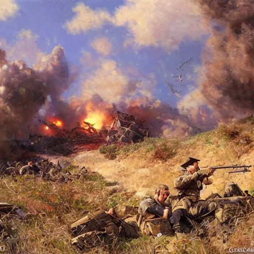 Image similar to detailed cinematic wide shot of world war 2 battle, ultra realistic, spring light, painting by gaston bussiere, craig mullins, j. c. leyendecker