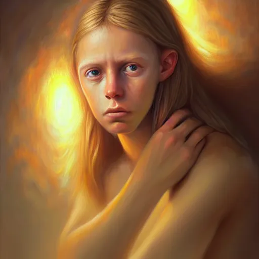 Image similar to visionary art by mandy jurgens, powerful eyes glowing highly detailed painting of deep sadness alone, young blonde boy spiritual portrait, fractal electricity surrounding him, expressive emotional sadness piece, trending on art station, abstract emotional sadness expression, very very very beautiful, fantasy digital art, visionary art, magical fantasy 2 d concept art