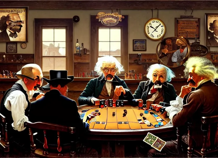 Image similar to in an old west saloon isaac newton and stephen hawkins and albert einstein playing poker, intricate, highly detailed, centered, digital painting, artstation, concept art, smooth, illustration, muted colors, art by norman rockwell and greg rutkowski and james gurney chuck close