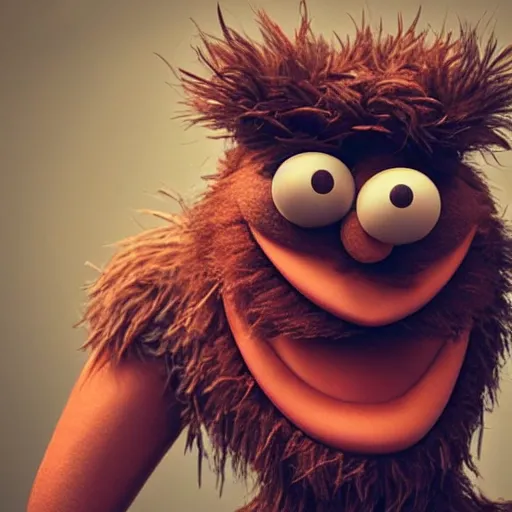 Image similar to a still of a forgotten muppet character looking very manly and modern, hilarious, laughing, hairy chest, huge chin, manly monster tough guy, roughled fur, photo real, photographic, photograph, artstation, trending, featured