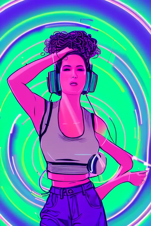 Image similar to a award winning half body portrait of a beautiful woman with stunning eyes in a croptop and cargo pants with ombre purple pink teal hairstyle dancing with headphones on her ears by thomas danthony, surrounded by whirling illuminated lines, outrun, vaporware, shaded flat illustration, digital art, trending on artstation, highly detailed, fine detail, intricate
