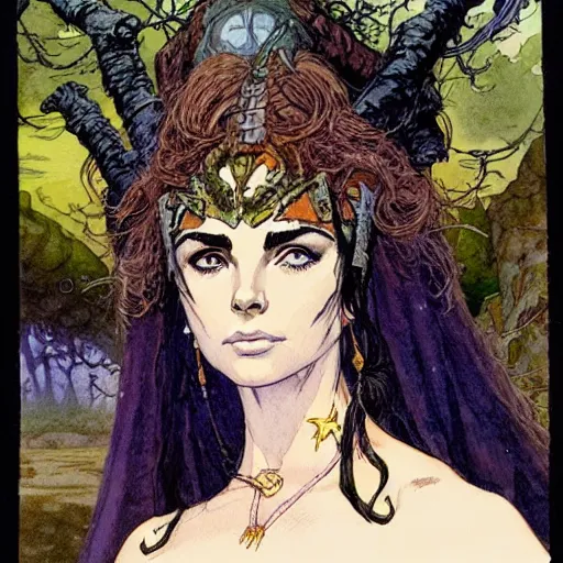 Image similar to a realistic and atmospheric watercolour fantasy character concept art portrait of young elizabeth taylor aged 2 1 as a druidic warrior wizard looking at the camera with an intelligent gaze by rebecca guay, michael kaluta, charles vess and jean moebius giraud