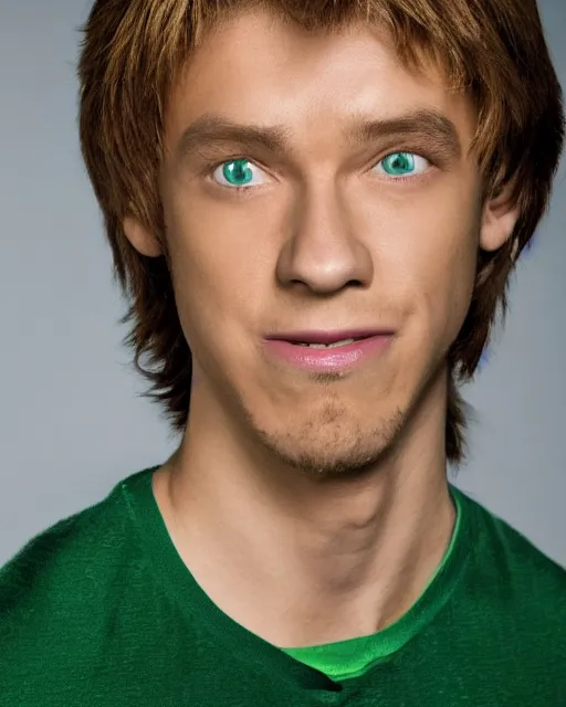 Image similar to dramatically - lit closeup portrait photograph of norville shaggy rogers from the scooby - doo live - action film ( 2 0 0 2 ), sharp details, vignette, high saturation, smooth textured skin, subsurface scattering, green shirt, electric background, photograph by mark mann and martin schoeller, 4 k, soft focus, centered, symmetrical